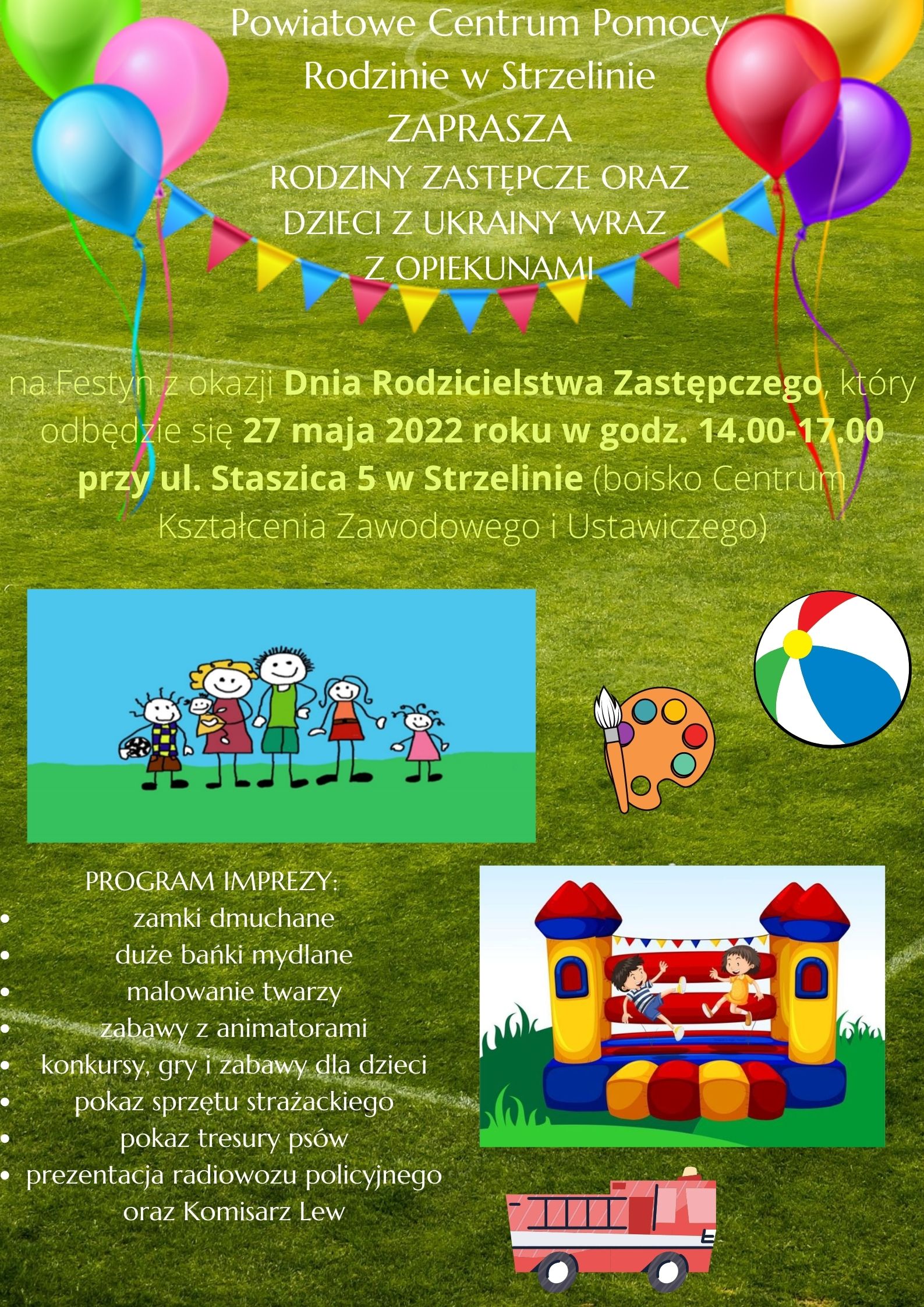 zaproszenie na festyn, program imprezy w tle kolorowe balony, uśmiechnięta rodzina, kolorowa piłka, dzieci bawiące się na dmuchanym zamku