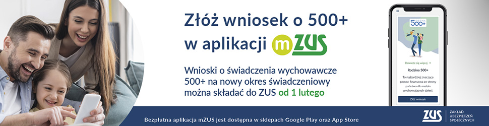 Po lewej stronie kobieta, mężczyzna i dziecko, w środku napis Złóż wniosek o 500+ w aplikacji mZUS, po prawej rysunek telefonu komórkowego